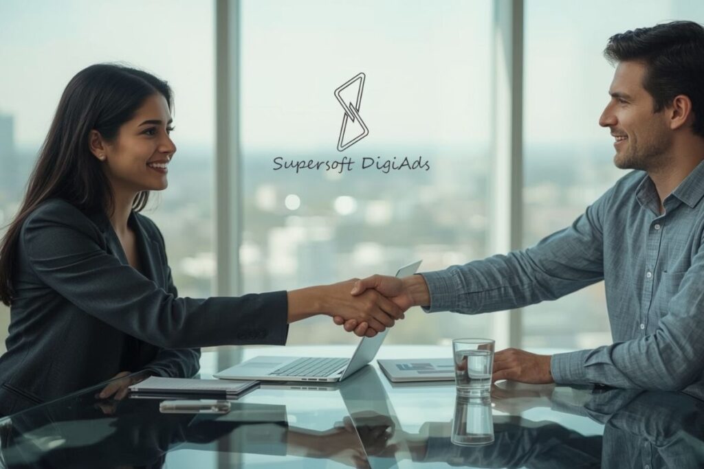 Business handshake in modern office – Supersoft DigiAds marketing partnership