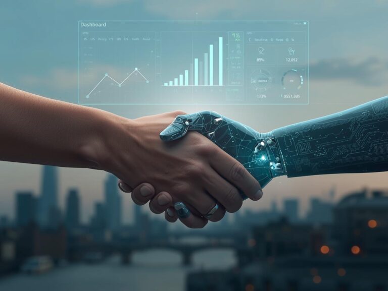 Human and AI handshake under a holographic dashboard showing rising charts, with a faint London skyline