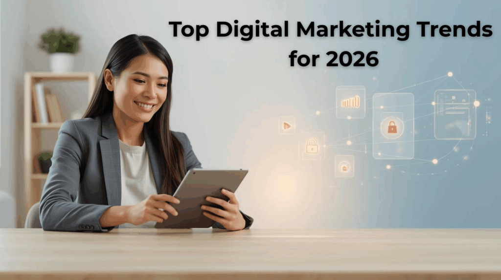 Digital marketer using tablet linked to AI features and social tools