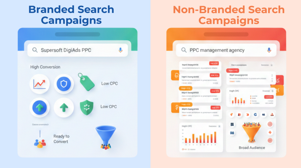 comparison of branded and non-branded Google Ads campaigns for PPC strategy and growth