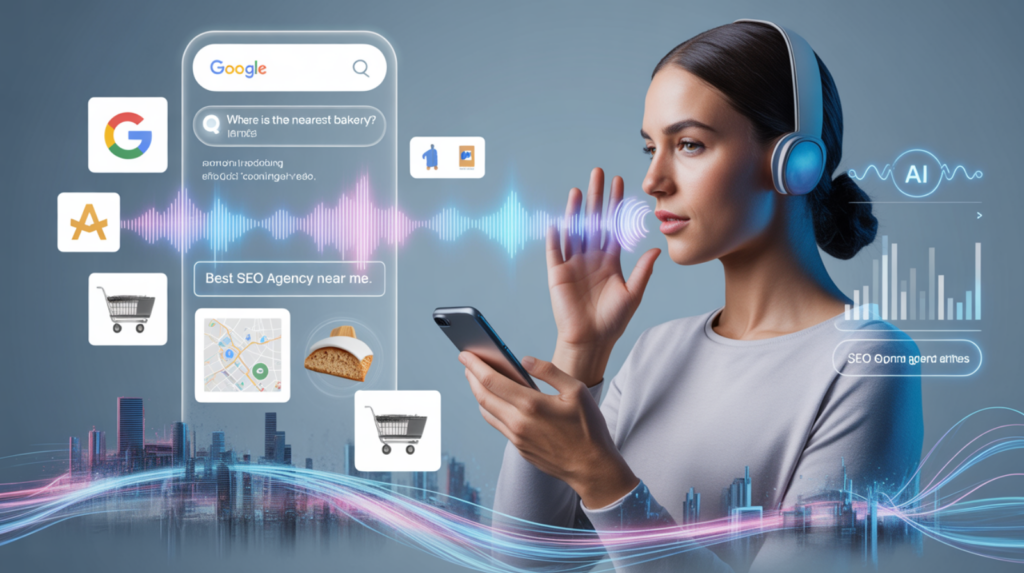 Voice search SEO illustration with smartphone, smart speaker, and AI search queries.