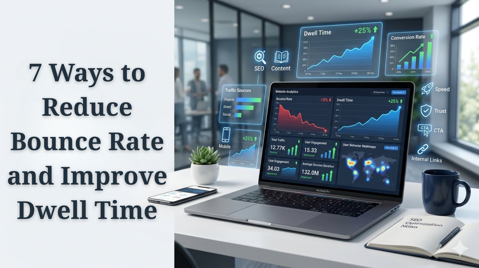 Analytics dashboard showing lower bounce rate and higher dwell time on laptop screen