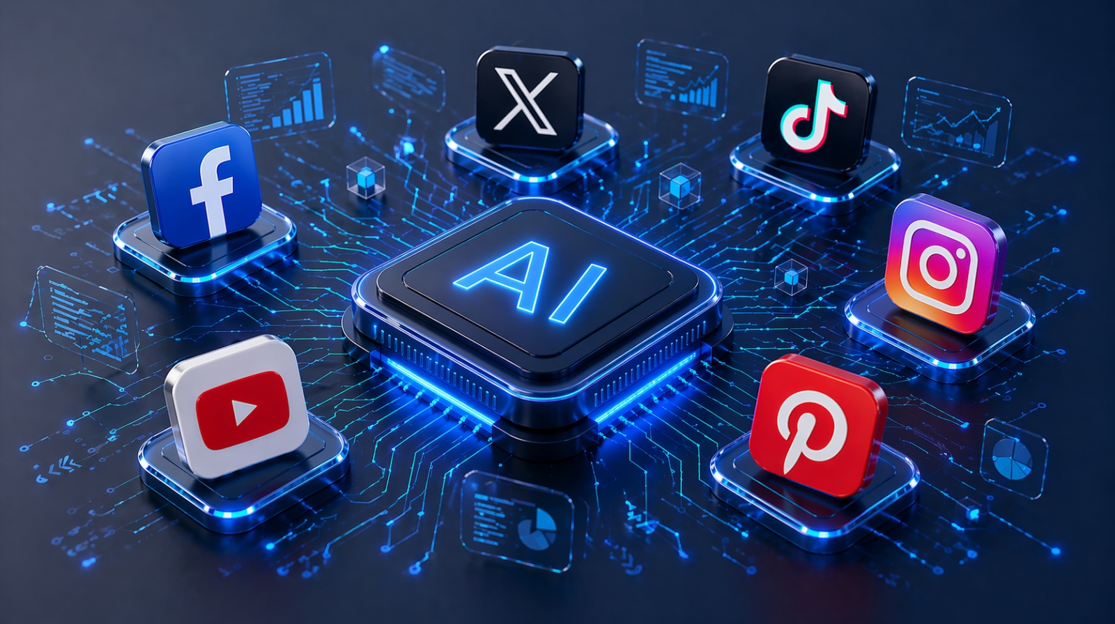 AI-powered social media marketing with social media icons and digital automation